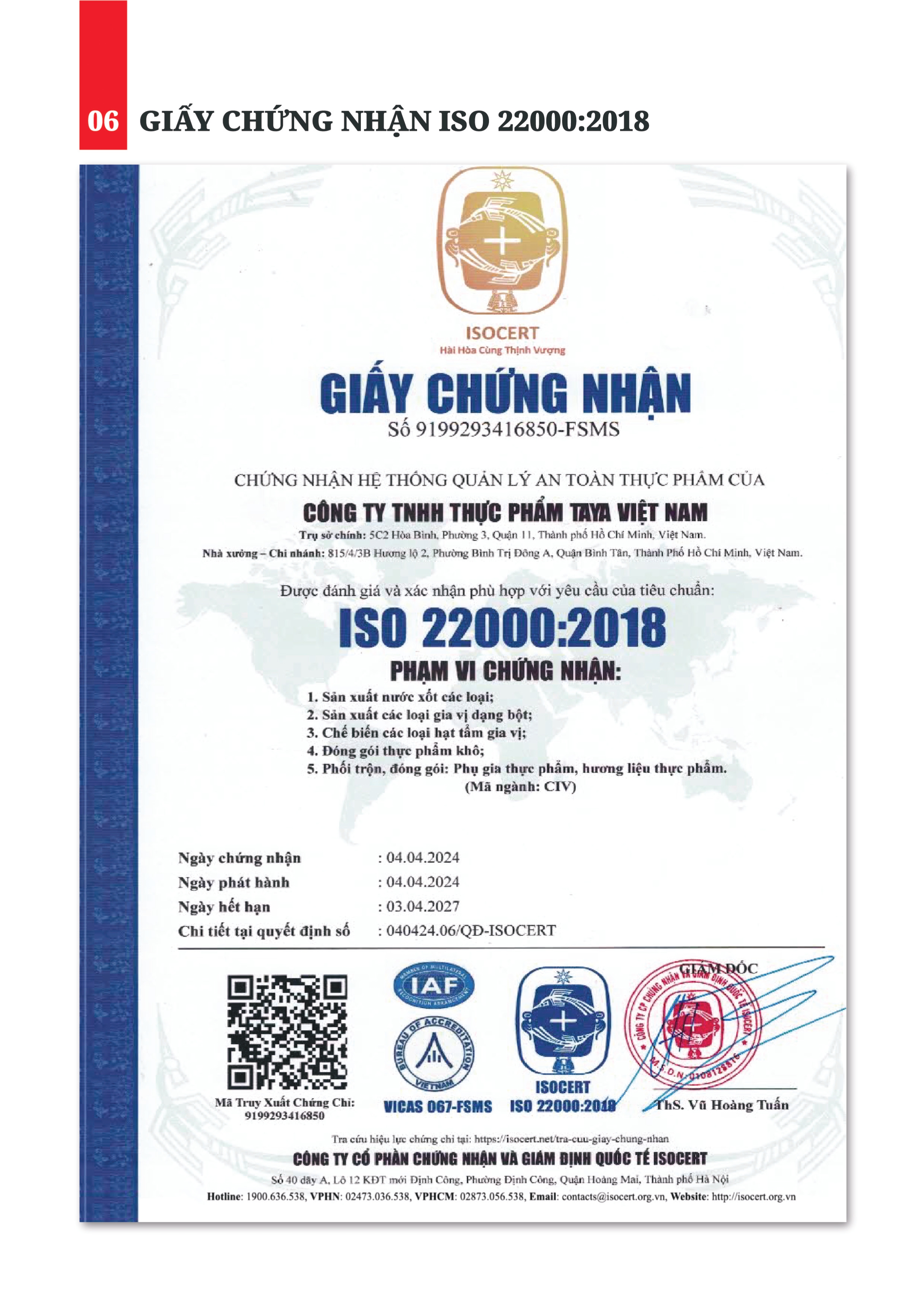 Giấy chứng nhận ISO 22000:2018